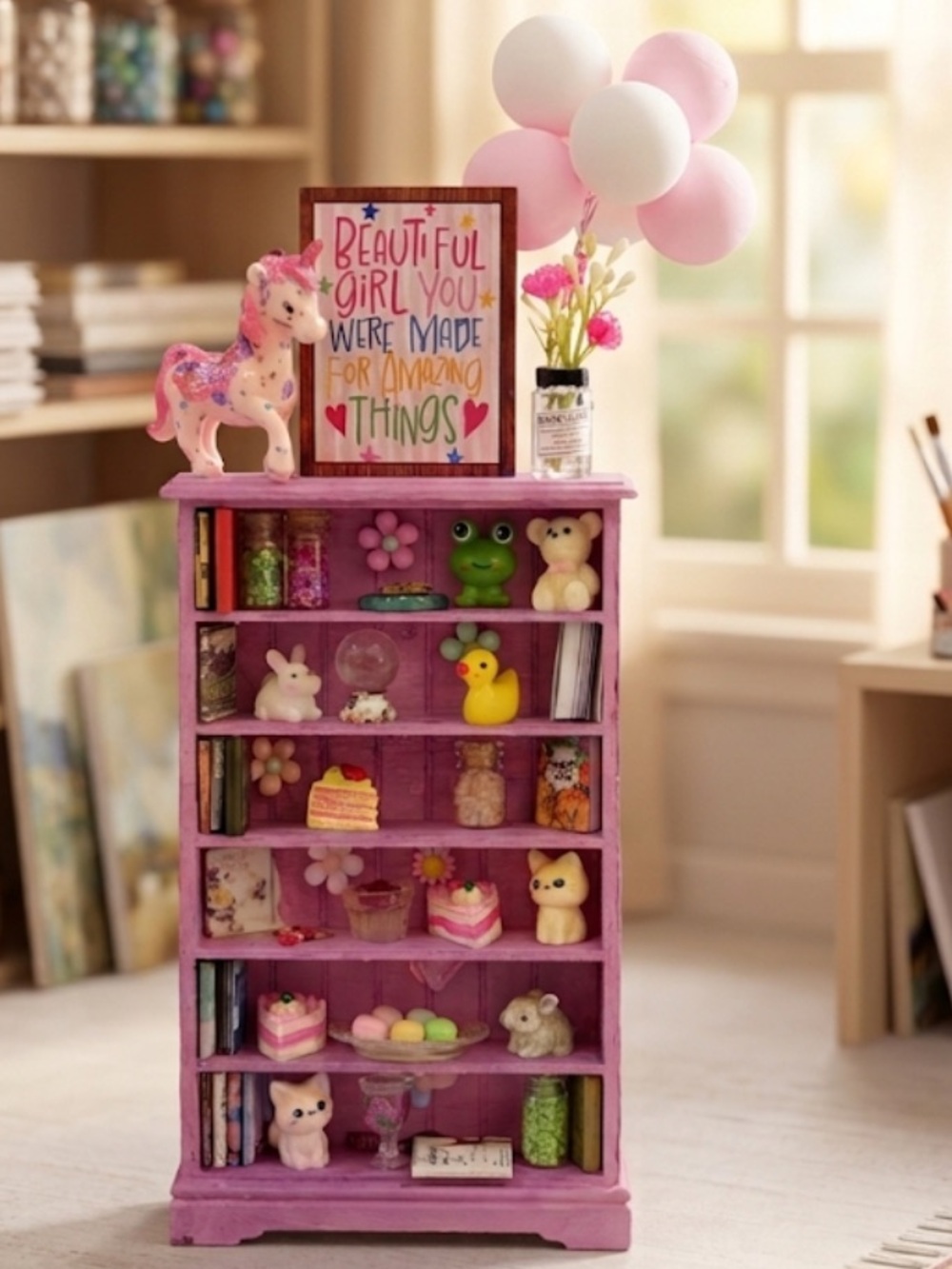Miniature Display Shelf with Cute Figurines